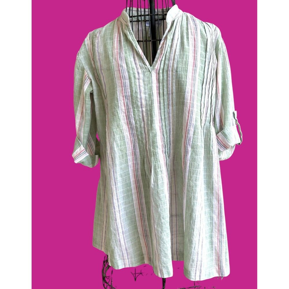 Soft Surroundings Tunic Top XS Extra Small Striped V Neck Roll Tab Sleeves Boho